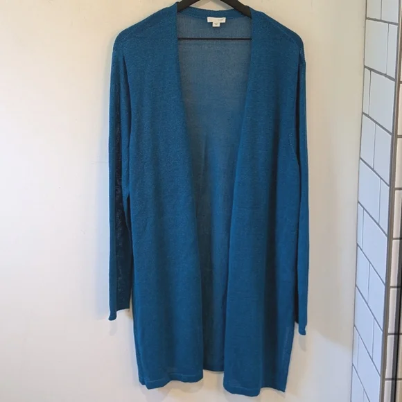 J. Jill Turquoise Linen Blend Long Line Open Cardigan Sweater Coastal Beach - Picture 1 of 7